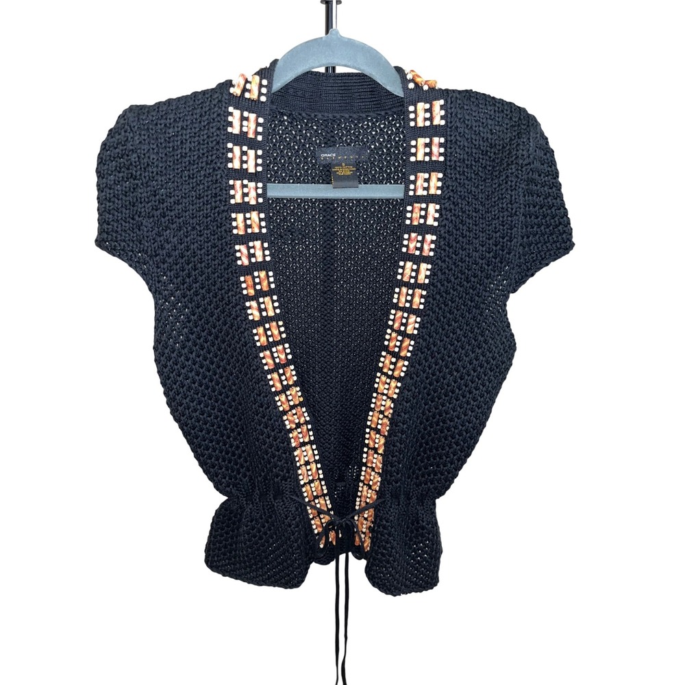 Grace Elements Black Knit Cardigan Beaded Trim Boho Style Size S